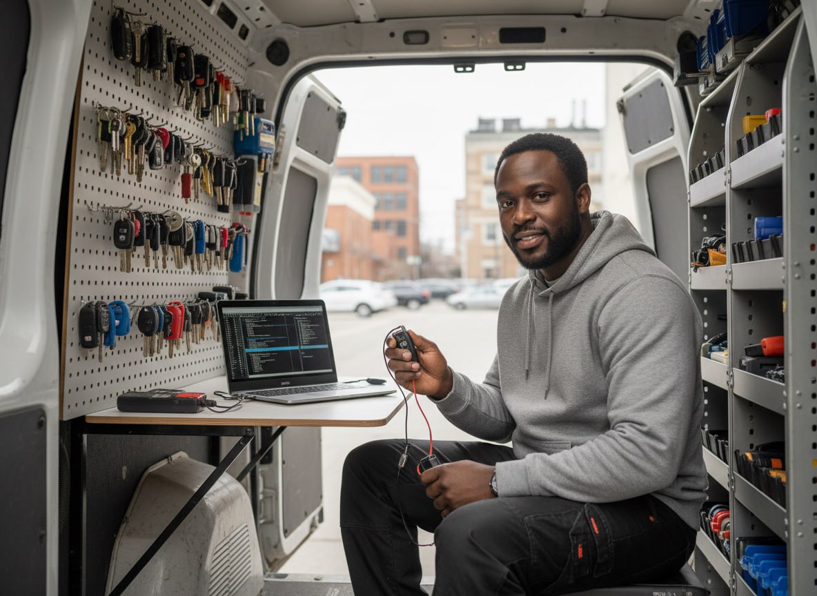 Precision Auto Locksmith with branded van and customer